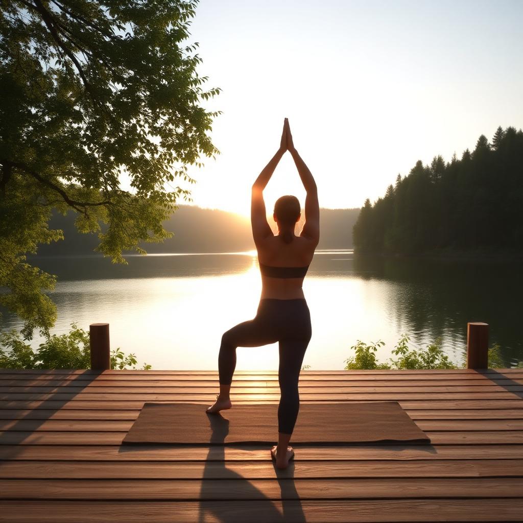 Person doing yoga at sunrise by a lake